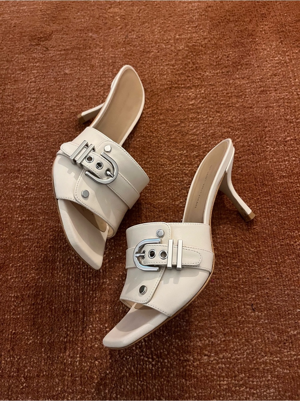 Stuart Weitzman Cream Buckle-Accent High Heel Slides